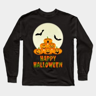 Happy Halloween Moon Pumpkins Bats Long Sleeve T-Shirt